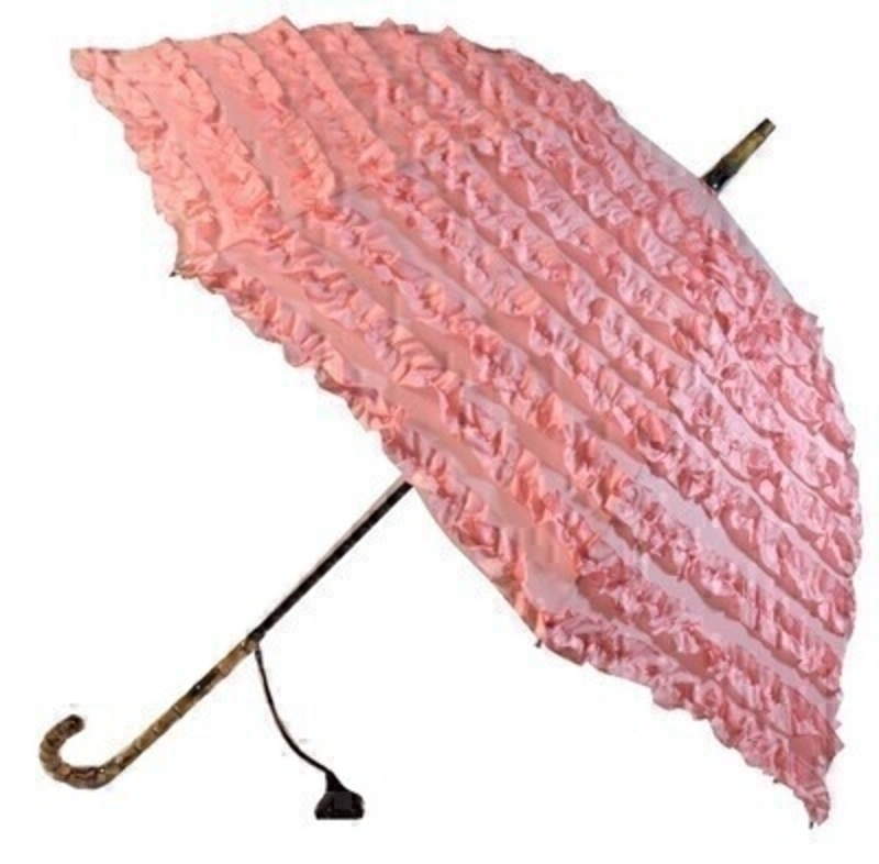 Frilly Pink Umbrella Fifi By Boutique STICK Umberella This Pink FiFi Frilled Umbrella features 9 sumptuous frills covering the whole canopy as well as a beautiful Bamboo effect hooked handle and tassel. It also has 8 virtually unbreakable fibreglass ribs and a secure velcro fastener. It has a diameter of 105cm and is walking stick lenght.